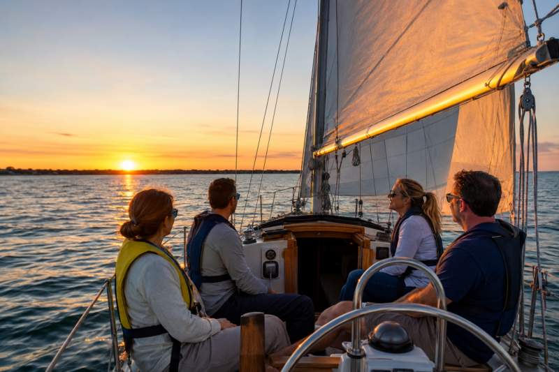 Friends enjoying sunset sailing on Lake St. Clair