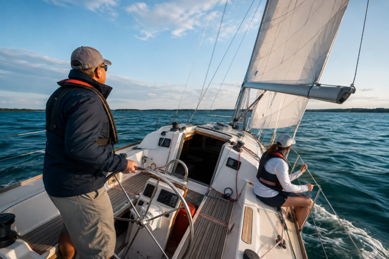 Adult students learning sailing skills with an instructor